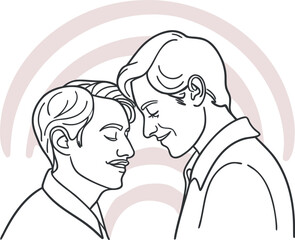 Vector art of two men in love with a rainbow behind them