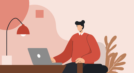 A person works diligently on a laptop at a desk with a lamp, ideal for concepts of remote work, online learning, or digital business.