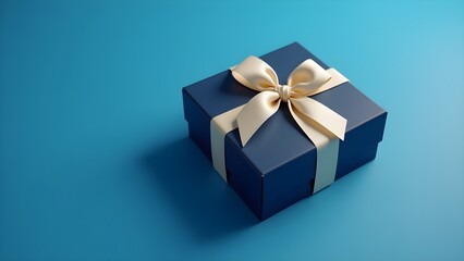 Obraz premium Dark blue gift box with ribbon placed on a sky blue background. The box has clean, sharp edges and a matte finish, giving it a minimalistic yet elegant appearance.
