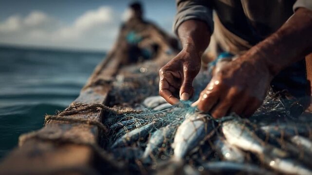 Fisherman and catch: The fisherman expertly untangles his net, revealing a bountiful catch of fresh fish, set against the endless backdrop of the sea.