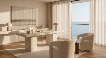 Fototapeta premium Experience tranquil luxury in a sophisticated coastal home office, designed with minimalist elegance, featuring a grand stone desk and serene ocean views for inspired productivity.