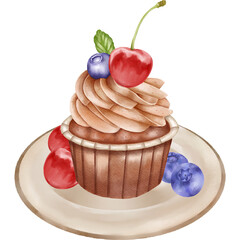 Watercolor Painting of Cupcake with Cherry and Blueberries