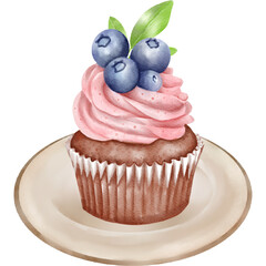 Watercolor Cupcake with Pink Frosting and Blueberries 
