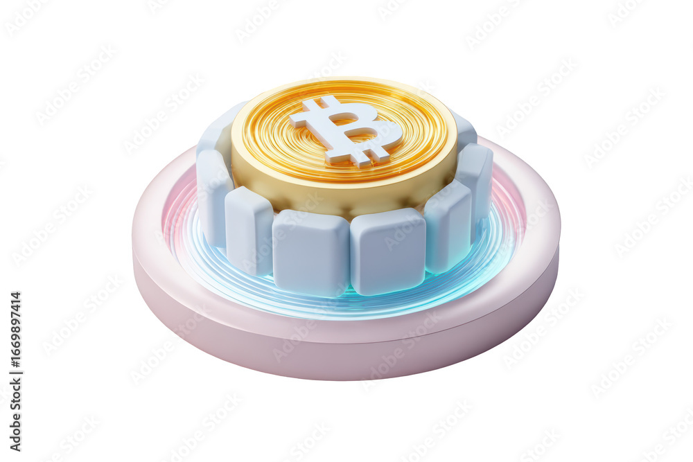 Fototapete 3d rendering of a bitcoin on a digital platform with geometric elements
