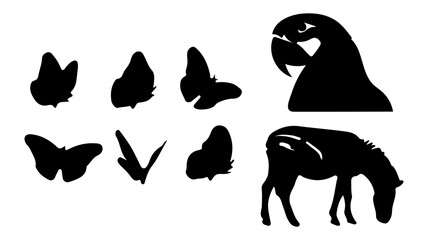 Elegant silhouettes of tropical parrot, grazing horse, and butterflies for modern logo design projects
