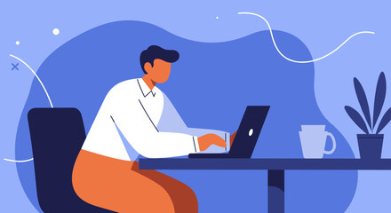 Focused man working on laptop at a desk with a plant and coffee cup, representing remote work, online business, and digital productivity.