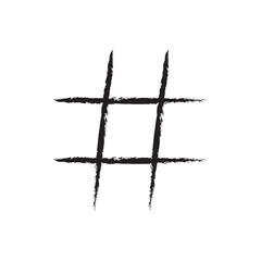Hand drawn brush stroke dirty art hashtag symbol icon sign isolated on white background. Black and white composition of the symbol hashtag