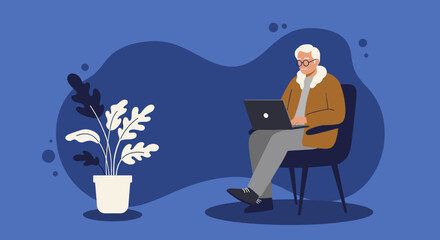 Elderly man uses a laptop comfortably at home, symbolizing digital literacy, remote work, and modern senior lifestyle. Ideal for technology, education, or retirement concepts.