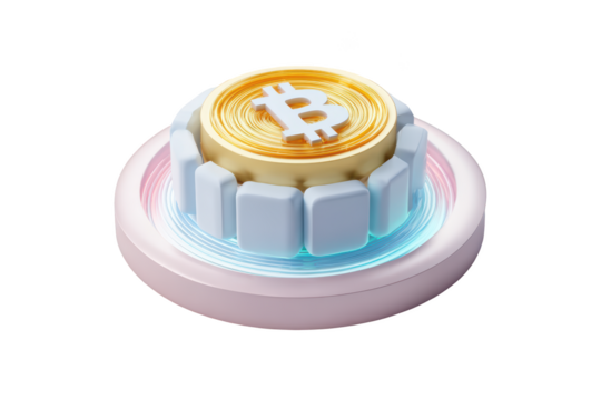 3D rendering of a Bitcoin on a digital platform with geometric elements