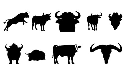 Powerful bull silhouettes collection livestock and wildlife icons for branding or design needs