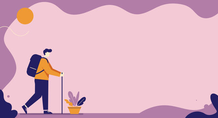 A male hiker with a backpack and walking stick, exploring a stylized abstract landscape. Represents adventure, travel, and active lifestyle. Ideal for health, tourism, and journey concepts.