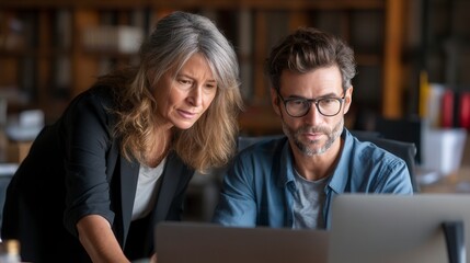 Focused caucasian female senior executive and male middle-aged professional examining laptop screen together in modern office setting, collaborative business meeting in corporate environment