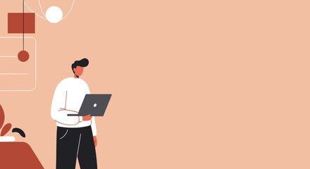 Modern illustration of a man using a laptop, ideal for concepts of remote work, online education, technology, and productivity.