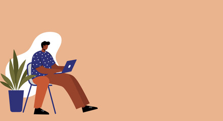 Man working remotely on laptop in a relaxed, minimalist home office setup with a plant. Ideal for modern business, digital lifestyle, or online learning concepts.