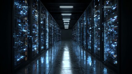 A captivating long corridor in a futuristic data center, showcasing the heart of modern technological infrastructure, glowing server racks creating an immersive visual journey. 