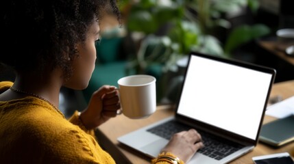 Focused Black woman in mustard sweater working on laptop while holding coffee mug in cozy home office with plants, blank screen for copy space