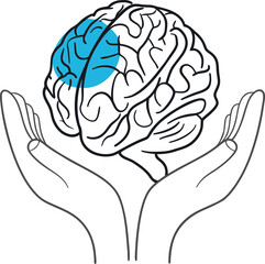 Illustration of hands holding a brain with blue accent