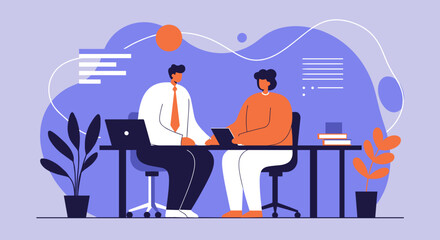 Two professionals collaborate at a modern office desk, discussing strategy with a laptop and tablet. Ideal for business meetings, teamwork, and digital communication concepts.