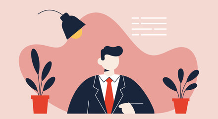 Professional man in a suit working in an office environment, highlighted by a desk lamp and potted plants. Ideal for business, corporate, and professional services concepts.