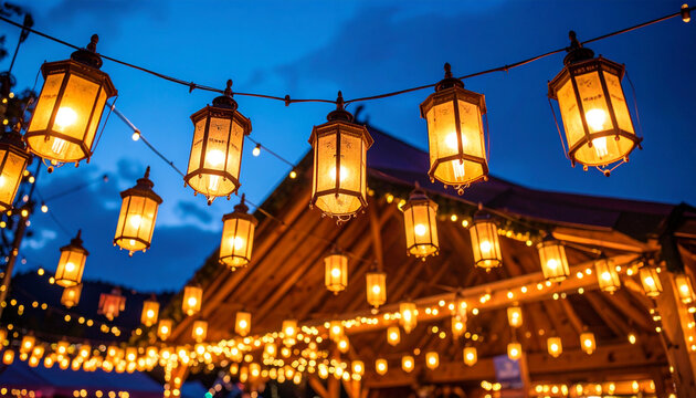 Warm glow of enchanting lanterns and string lights illuminating an outdoor evening gathering, creating a festive and inviting atmosphere under a twilight sky