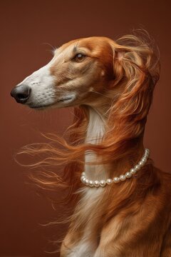 Elegant russian toy hound with pearl necklace
