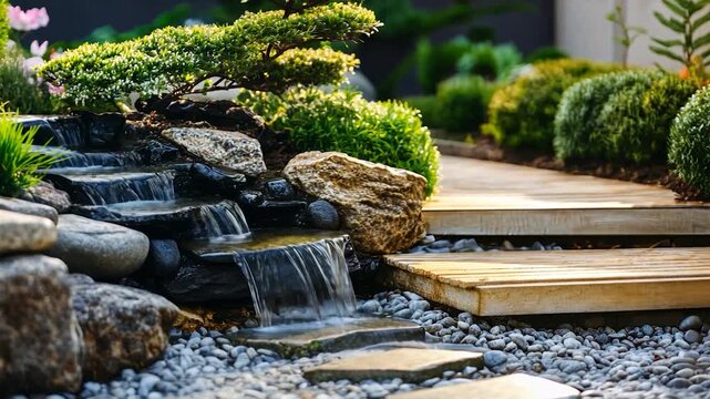 Tranquil garden with cascading water feature