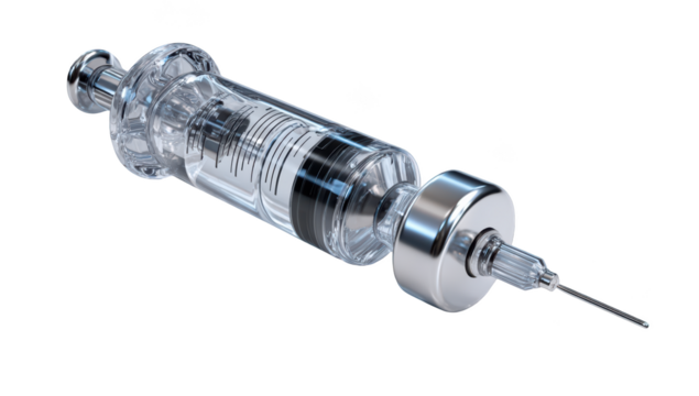 Clear glass syringe, needle attached, ready for injection. Transparent medical equipment