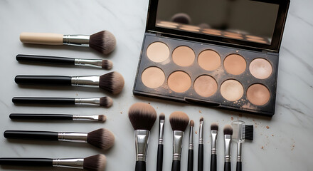 Makeup brushes and foundation palette on marble surface.