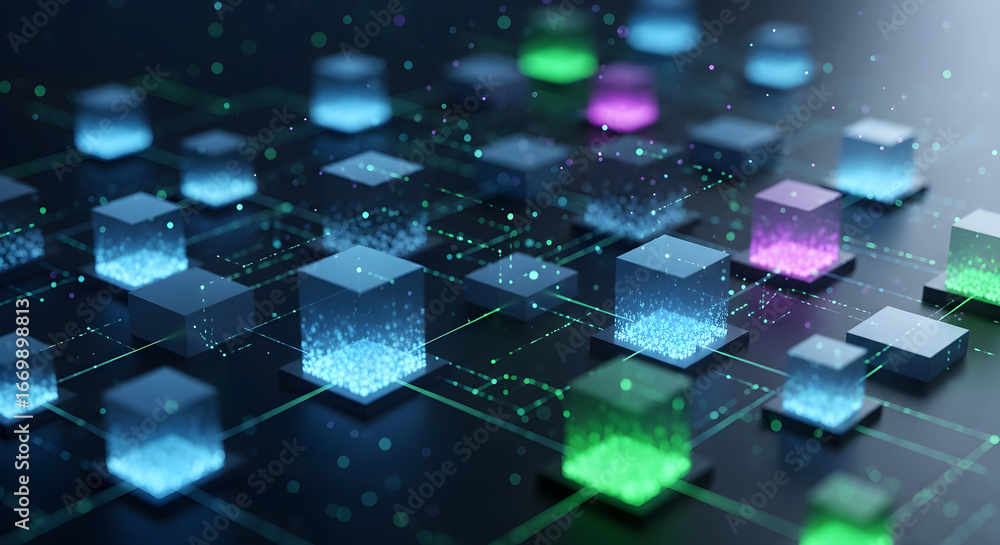Poster abstract glowing cubes on a dark surface representing modern technology, data networks, and artifici