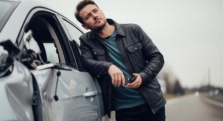The Draining Stillness: A Man's Tired Contemplation in the Quiet Aftermath of a Car Accident.