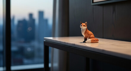A small, lifelike fox figurine sits serenely on a polished marble console table, overlooking a blurred city skyline at dusk, embodying a quiet urban nature concept.