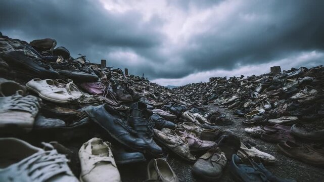 Pile of Forgotten Footwear under Ominous Skies: An arresting visual narrative unfolds, revealing a dense heap of discarded shoes. An imposing, cloudy sky looms above.