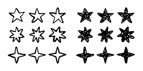Hand drawn scribble stars set isolated on white. Stars of different shape, black outline and filled silhouettes in doodle style, childish marker drawing. Vector clipart for night sky illustration.