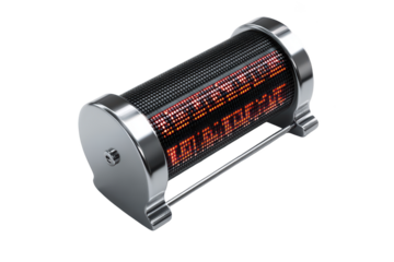 Futuristic cylindrical display showing "TEMPERATURE". Orange glowing text. Chrome metal finish