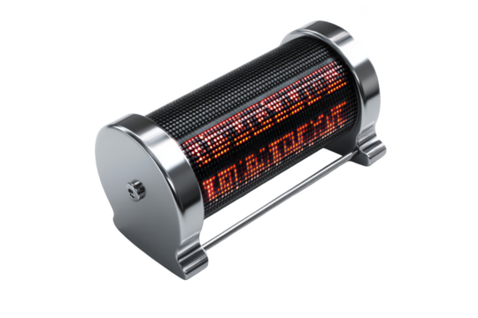 Futuristic cylindrical display showing "TEMPERATURE". Orange glowing text. Chrome metal finish
