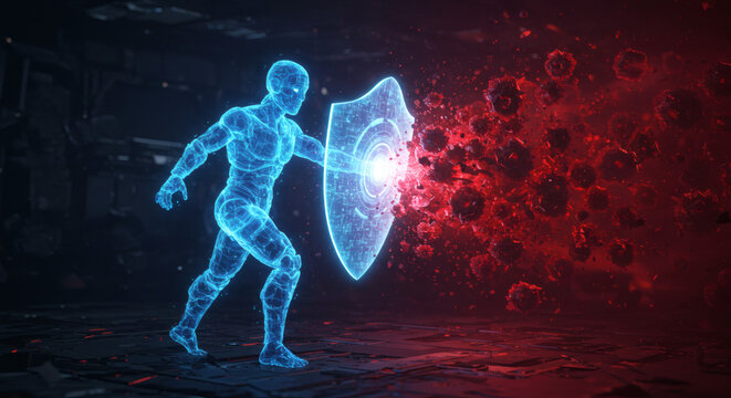 Futuristic concept of the immune system as a digital human figure using an energy shield to defend against an attacking virus swarm