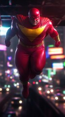 Powerful superhero in red and yellow costume flying through a city at night