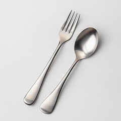 Stainless steel fork and spoon on white background