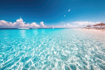 Turquoise water, sandy beach, sailboats, clear sky