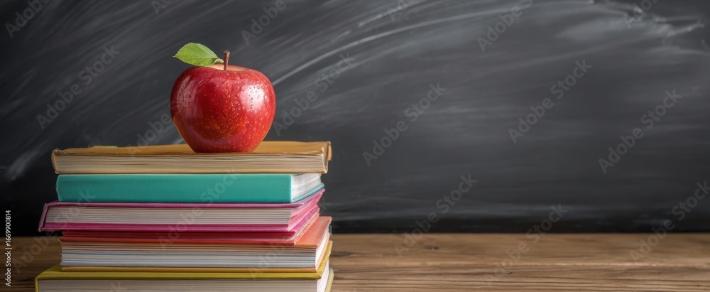 Poster the apple on a stack of colorful books by a chalkboard classroom background