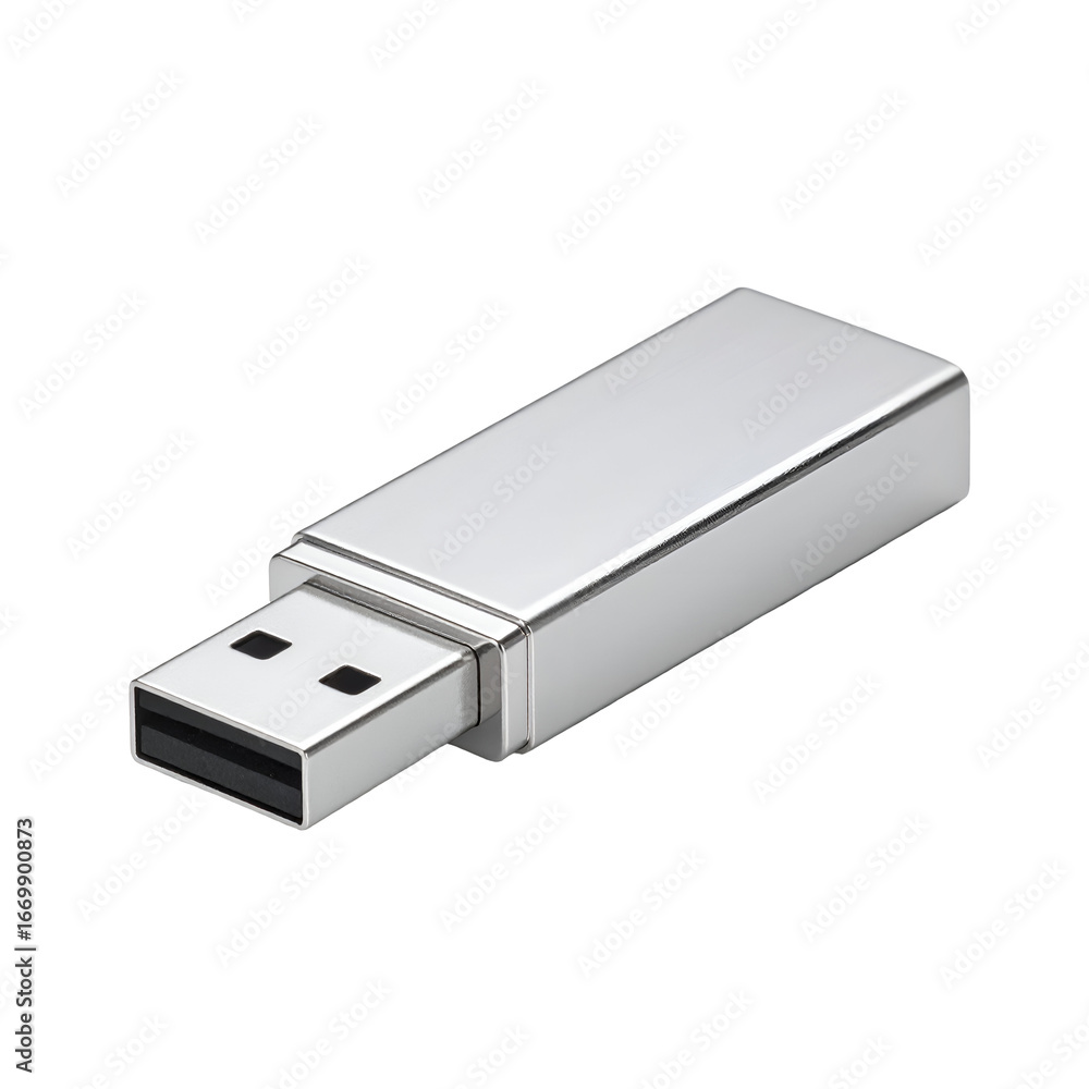 Poster silver metallic portable universal serial bus flash drive for digital data storage and transfer devi