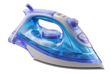 A modern, transparent electric iron.  The handle and soleplate are translucent blue, contrasted by a white base.  Adjustable temperature controls are visible