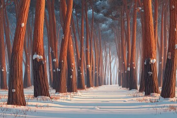 Winter forest path, snow-covered trees