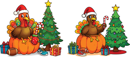 Fototapeta premium Cartoon Thanksgiving Turkey and Christmas Holiday Seamless Pattern Illustration