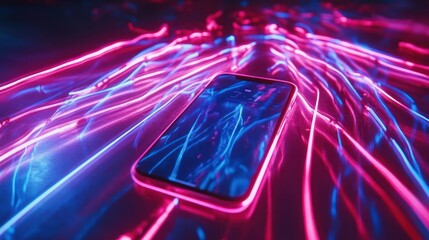 A smartphone sits amidst vibrant, glowing neon light trails, creating a futuristic digital display.