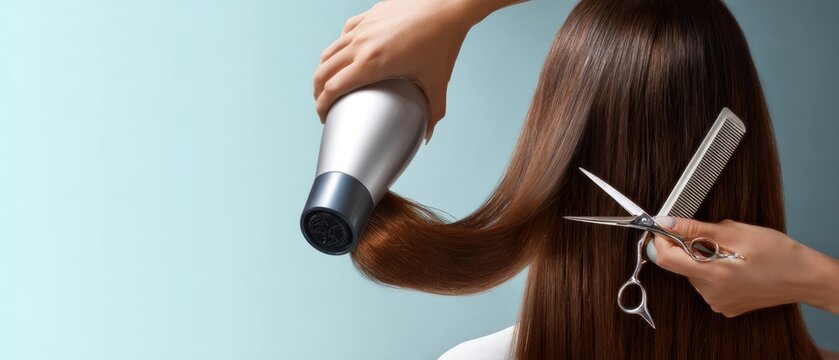 The Haircut In Progress With A Stylist Blowdrying And Trimming Long Brown Hair
