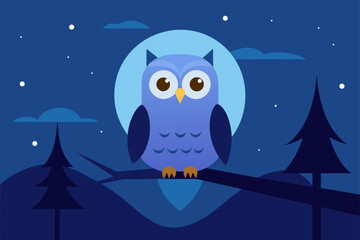 Naklejka premium A cute cartoon owl couple perched on a moonlit tree branch against a blue night sky