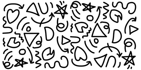 Hand drawn doodle pattern with stars, hearts, arrows and shapes for modern design projects and backgrounds