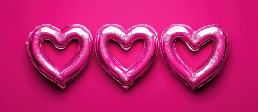 Three shiny pink hearts arranged in a row against a vibrant pink background. - Powered by Adobe