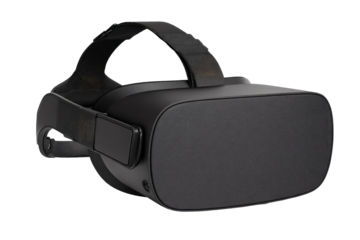 A dark gray virtual reality headset, front view, with adjustable head straps